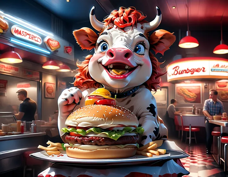 a 3d digital painting picture of extremely beautiful  (anthropomorphic cow:1.3) ((serving a big hamburger on a tray: 1.3)) in an...