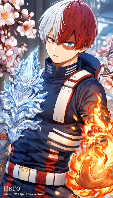 Ultra detailed, highres, absurdres, HDR, master piece, Todoroki Shouto, bicolor hair, right side is white, left side is red, heterochromia, right eye is grey, left eye is blue, Boku No Hero Academia, fantasy, handsome, sexy man, solo, best quality, blossom...