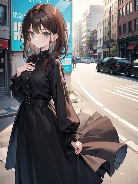 A girl with brown hair standing up in black clothes