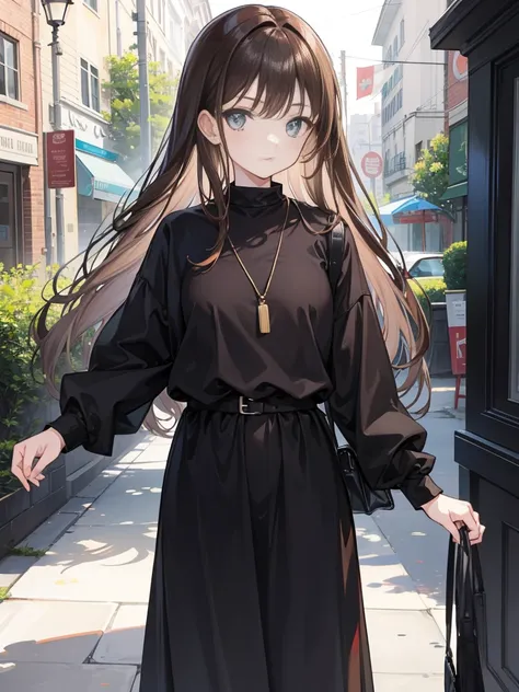 A girl with brown hair standing up in black clothes