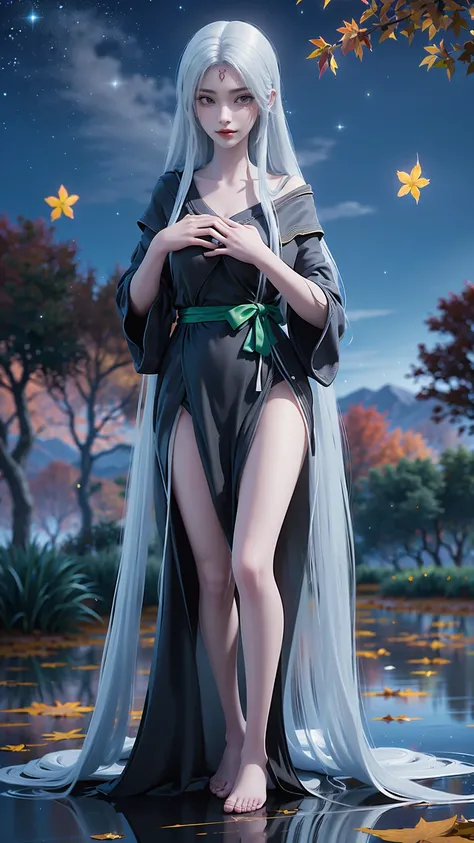 Cartoon woman kneeling on the starry sky, Water splashes at the knees，CG Social Trends, Smooth anime CG art, Starry sky background，Full body view，Royal sister kneeling posture，(((White long hair)))，(((Green eyes))，((Black robe))，((Place one hand on your ch...