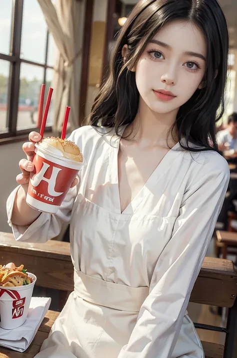 (((best quality))),(((ultra detailed))),(((masterpiece))),illustration,((1girl,fast food worker,solo)),(straight black bob hair:1.2),((slim,thin)),((small breasts,flat chest)),sitting,(in KFC:1.3), (burgers and drink on the table:1.2),((red apron,white col...