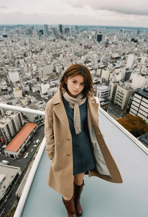 (masterpiece, best quality), (extreme high angle shot), shot from above, 1girl, solo, billboard, brown eyes, brown hair, building, tokyo city, cloudy sky, coat, boots, from side, light frown, looking at viewer, outdoors, rooftop, sky, skyscraper