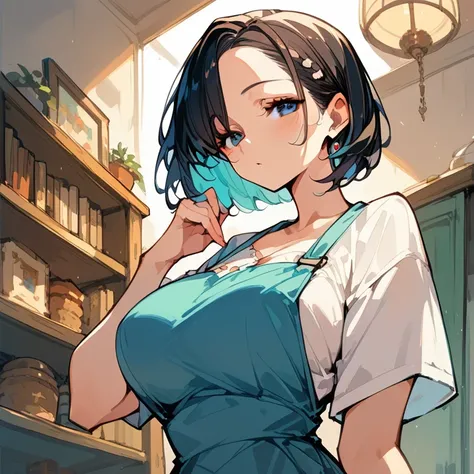 Masterpiece, highres, 1girl, housewife, busty, seductive pose, big breast, from below, yusuke murata art style