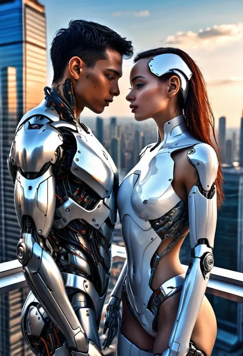 Sexual relationship between a male cyborg and a female cyborg on the roof of a skyscraper, high quality, Best quality, absurdity, masterpiece, Beautiful, complex parts, 1/2 body crops, slender body, Beautiful figure, Magnificent Anatomy, (complex parts:1.1...