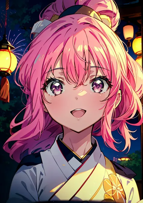 louise françoise le brun from la v全てiere,pink hair,pink eyes,long hair,ponytail,hair ornaments,happy smile, smile, open your mou...