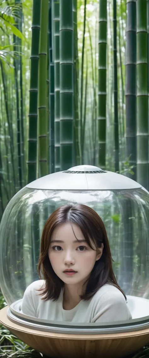 ((An escape capsule from a spaceship in a science fiction movie)), ((the capsule is resembling a metal ultra-futuristic coffin)),((the capsule has fallen into a bamboo forest in a night)), The upper half of the escape capsule is made of transparent glass, ...