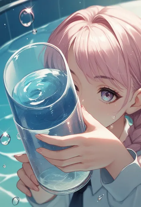 water cup, water drops, shiny reflection, source_anime, score_9, score_8_up
