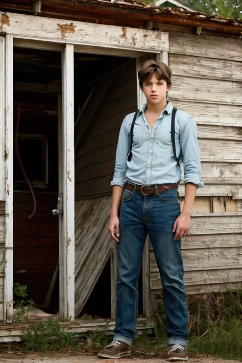 realistic photo of solo handsome teenage men ,standing in front of an abandoned house ,daytime