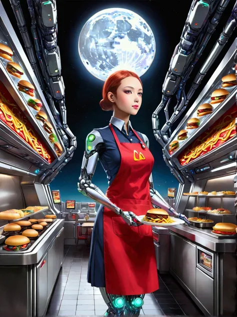 best quality，8k，high resolution，masterpiece，ultra detailed，lifelike，photorealism，future world，(fast food restaurant cyborg femal...