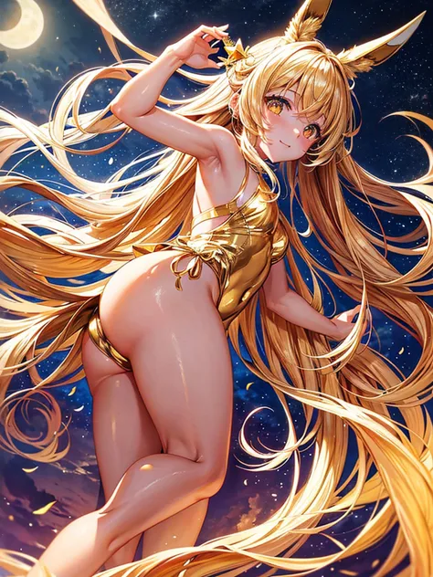 Night sky Golden moon Golden long hair golden eyes golden bunny ears wearing golden swimsuit