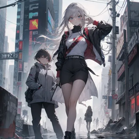 Outlook,Strange Perspective, White sweater，（ change）Moderate, Separate Color，bs shoulder, Blushed，(Gray Hair), White Gloves，White boots，dirty，Torn clothes，Clothing that shows blood:1.3),, Tearing the cloak, tear pantyhose ，Cyberpunk Streetwear，in contrast，...