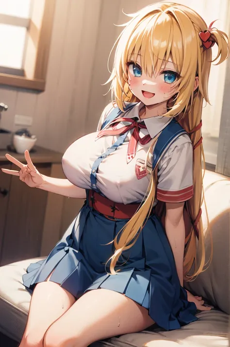 masterpiece, akai haato, hololive, 1girl, bangs, blonde hair, blue eyes, blush,(huge breasts), collared shirt, hair between eyes, hair ornament,heart, heart hair ornament, long hair, , neck ribbon, one side up, red ribbon, ribbon, shirt, short sleeves, sid...