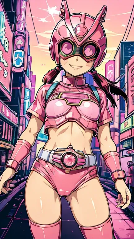 (8k),(masterpiece),(Japanese),(8-year-old girl),((innocent look)),((Childish)),From the front,smile,cute,Innocent,Kind eyes,Flat chest, Shizuka,Kamen Rider,pink helmet,pink superhero mask,camisa,no Hair,cyberpunk Tokyo City,pink tshirt