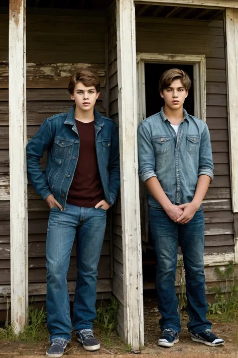 Realistic photo of solo handsome teenage men ,Standing In front of an abandoned house ,daytime
