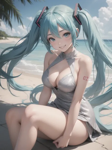 Anime-style illustrations、1 Girl、Hatsune Miku,  smile、Thighs、Silver-white clothing、Large Breasts