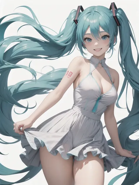 Anime-style illustrations、1 Girl、Hatsune Miku,  smile、Thighs、Silver-white clothing、Large Breasts