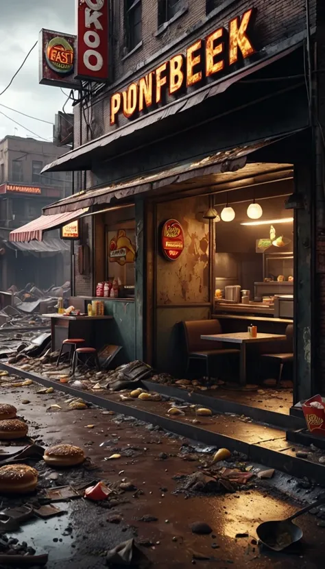 detailed post-apocalyptic ruined city, small fast food restaurant, fast food worker made a food dirt and debris on the ground, fast food worker, (best quality,8k,highres,masterpiece:1.2),ultra-detailed,(realistic,photorealistic,photo-realistic:1.37),dystop...