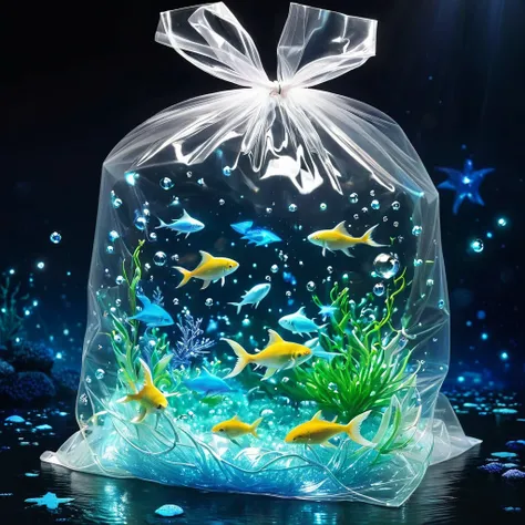 (masterpiece, best quality:1.2),Fantasy Undersea。Glowing stars in a transparent plastic bag。