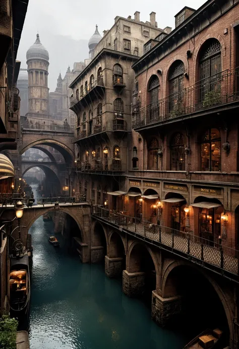 ((masterpiece)),((best quality)),((high detial)),((realistic,)) Industrial age city, deep canyons in the middle, architectural streets, bazaars, Bridges, rainy days, steampunk, European architecture
