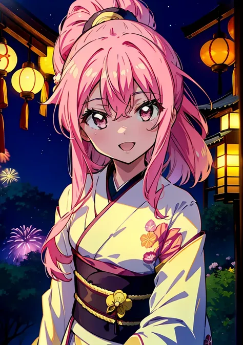 louise françoise le brun from la v全てiere,pink hair,pink eyes,long hair,ponytail,hair ornaments,happy smile, smile, open your mou...