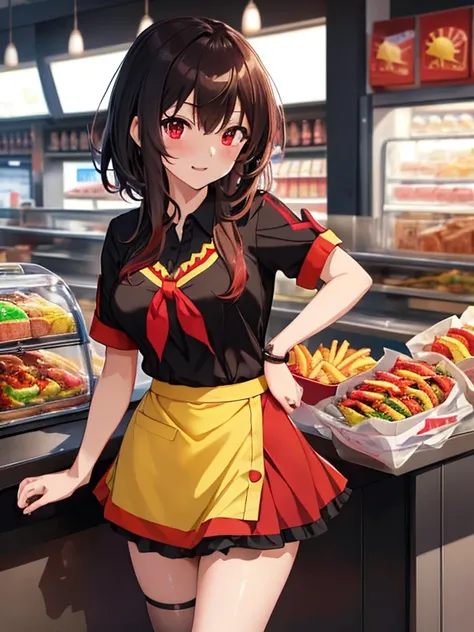 counter, Fast food clerk, Megumin, (masterpiece), highest quality, 1girl, uhd, retina, masterpiece, ccurate, anatomically correct, textured skin, super detail, high details, high quality, best quality, highres, 4K