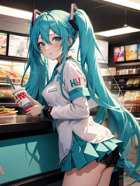 counter, Fast food clerk, Hatsune Miku, (masterpiece), highest quality, 1girl, uhd, retina, masterpiece, ccurate, anatomically correct, textured skin, super detail, high details, high quality, best quality, highres, 4K