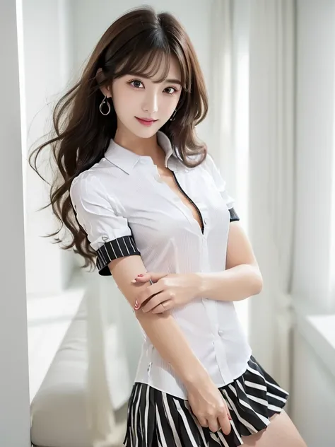 ((White short-sleeved shirt、Please wear it with the chest open.:1.7))、((White and black striped skirt:1.2))、(Cute Smile)、((Girly pose 1.8))、((Long curly hair:1.1))、((Full Body Shot:1.2))、((Height: 165cm))、Hands in front、Hold hands between legs、