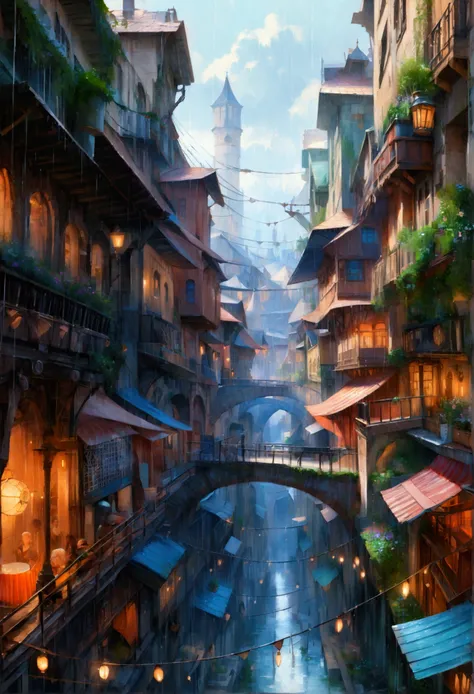 ((masterpiece)),((best quality)),((high detial)),((realistic,)) Industrial age city, deep canyons in the middle, architectural streets, bazaars, Bridges, rainy days, steampunk, European architecture
