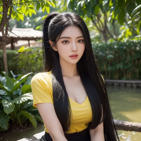 Frontal photo of Araffe woman, 25 30 years old, Wear a dark yellow shirt., Wear a bright yellow shirt., Looking straight at you intently, ponytail, Long hair floats up, Long-haired woman with a round face, Red cheeksแดงอมชมพู, black eyes ตาสองชั้น, black e...