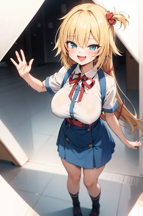 masterpiece, akai haato, hololive, 1girl, bangs, blonde hair, blue eyes, blush,(huge breasts), collared shirt, hair between eyes, hair ornament,heart, heart hair ornament, long hair, , neck ribbon, one side up, red ribbon, ribbon, shirt, short sleeves, sid...