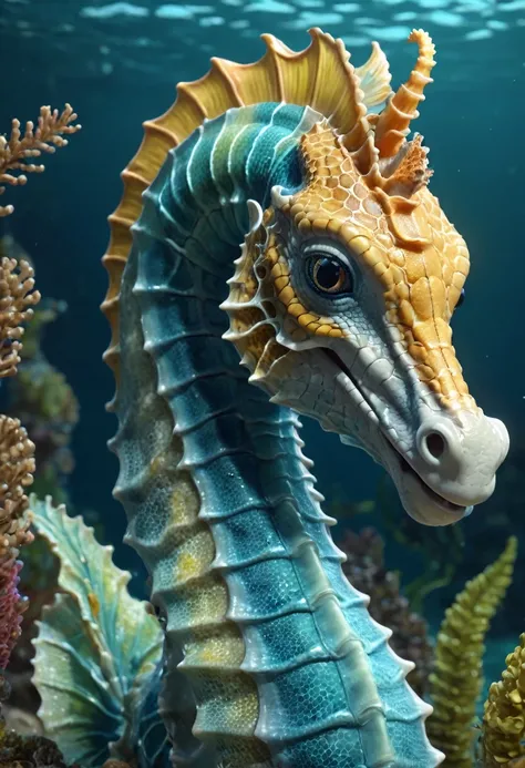 Seahorse（Hippocampus）Its head is a horse，Body Statue Snake ，masterpiece，（Highly detailed CG Unity 8k wallpaper），（Best quality），（Best Illustration Award），Isometric 3D，Rendered by Octane， Ray Tracing，Extremely detailed