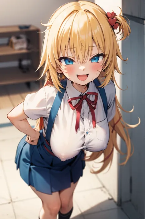 masterpiece, akai haato, hololive, 1girl, bangs, blonde hair, blue eyes, blush,(huge breasts), collared shirt, hair between eyes, hair ornament,heart, heart hair ornament, long hair, , neck ribbon, one side up, red ribbon, ribbon, , sidelocks, simple backg...