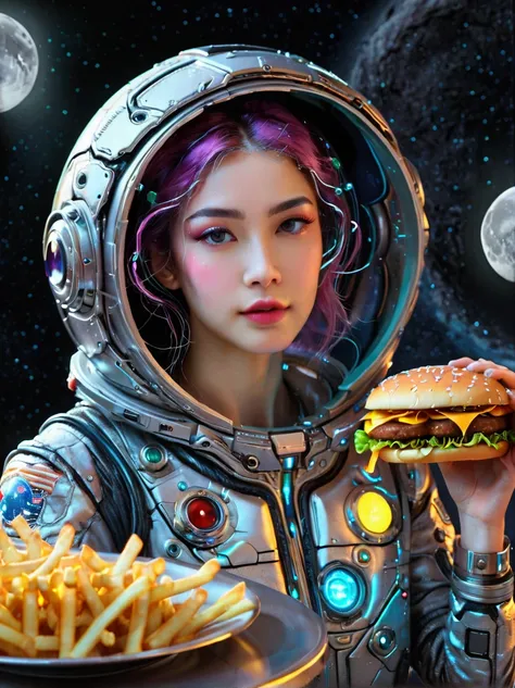 Best quality，8K，high resolution，masterpiece，Ultra Detailed，lifelike，Photorealism，future world，(Vision:1.5)，(A luxurious fast food restaurant on the moon:1.5), (Cyborg female employee:1.5)，(apron)，(Fast food restaurant staff uniforms)，Transparent Mecha，Cybe...