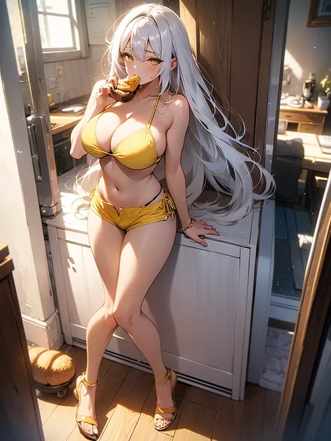 Girl, solo, Full Body, Long hair, white hair, Yellow eyes, sad face, eyes almost closed, Breasts, big Breasts, Large breasts, big Butt, Yellow bikini, detailed bikini, black mini shorts, eating food, in a room