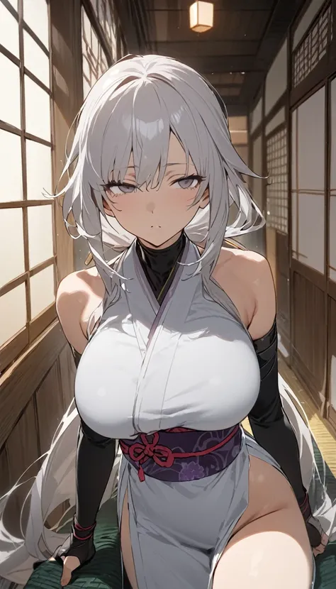 Silver Hair、眉毛もSilver Hair、睫毛もSilver Hair、Female Ninja、Straight and long、long hair to the waist、Low Ponytail、Slanted Eyes、Big Breasts、white、The clothes are transparent、Cold Stare、Japanese Princess、(((High resolution)))、((((masterpiece))))、Riding a guy in P...