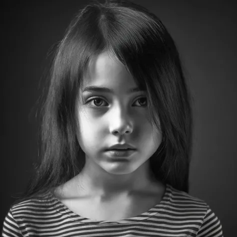 a portrait  of young girl, black and white line  