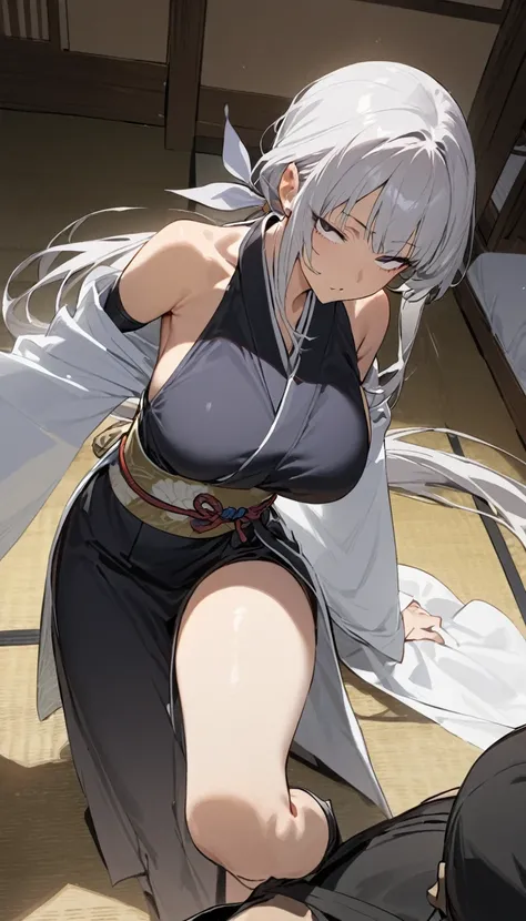 Silver Hair、眉毛もSilver Hair、睫毛もSilver Hair、Female Ninja、Straight and long、long hair to the waist、Low Ponytail、Slanted Eyes、Big Breasts、white、The clothes are transparent、Cold Stare、Japanese Princess、(((High resolution)))、((((masterpiece))))、Riding a guy in P...