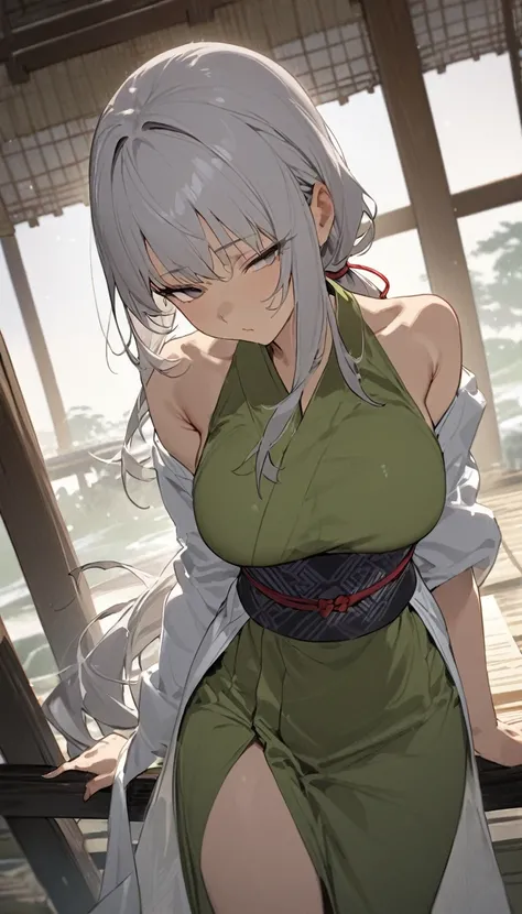 Silver Hair、眉毛もSilver Hair、睫毛もSilver Hair、Female Ninja、Straight and long、long hair to the waist、Low Ponytail、Slanted Eyes、Big Breasts、white、The clothes are transparent、Cold Stare、Japanese Princess、(((High resolution)))、((((masterpiece))))、Riding a guy in P...