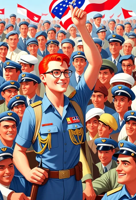 display propaganda, depicting a 20-year-old man with red hair wearing glasses. He wears a general’s uniform and looks straight ahead with a proud look and smiles. He is represented very large in the center of the poster and he raises his arm in front of hi...