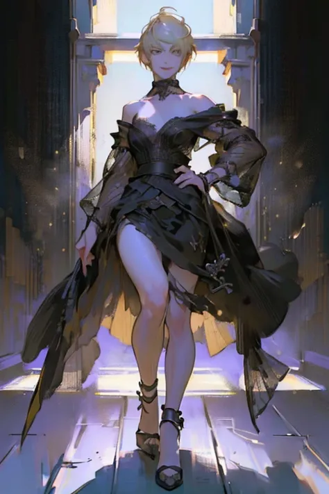 ((full body:1.4)).(rule of thirds:1.4), ((ultra realistic illustration:1.2)),Athletic blonde woman, (short hair), tomboy, cute, ((smile)), sexy, smoky eye, choker, robe, sheer lace black dress, high heels.Masterpiece, best quality,(highly detailed:1.2),(de...