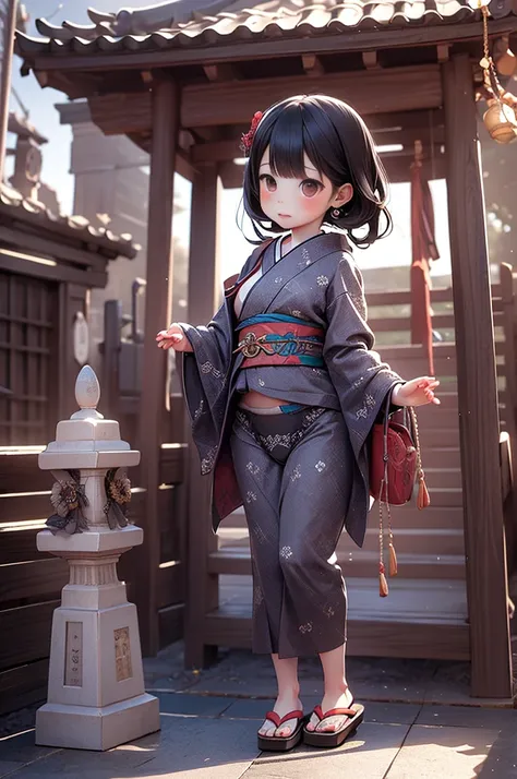 Girls under 8 years old, Height under 100, kimono, Small breasts, Patterned cotton panties, Fabric Real, Black Hair, No jacket, Old shrine