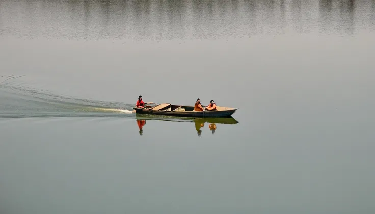 two people in a small boat on a calm lake