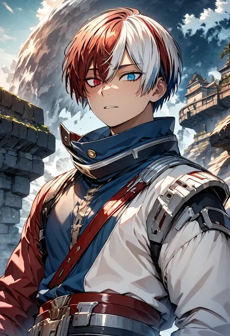 Ultra detailed, highres, absurdres, HDR, master piece, Todoroki Shouto, bicolor hair, right side is white, left side is red, heterochromia, right eye is grey, left eye is blue, Boku No Hero Academia, fantasy, handsome, solo, best quality, blue clothes.