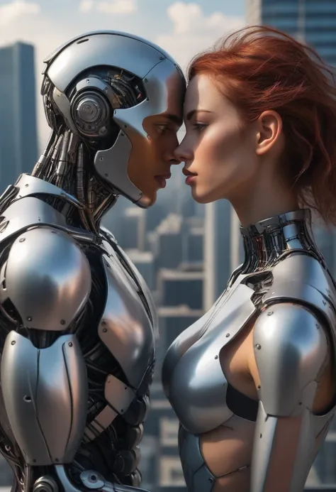 Sexual relationship between a male cyborg and a female cyborg on the roof of a skyscraper, high quality, Best quality, absurdity, masterpiece, Beautiful, complex parts, 1/2 body crops, slender body, Beautiful figure, Magnificent Anatomy, (complex parts:1.1...