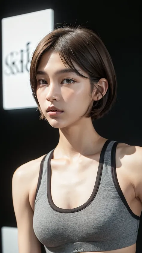 (((Face close-up)))、(((Brown, shoulder-length, straight short bob)))、(((She is posing like a model at a hair salon., Indoors, against a black wall.)))、((((Calvin Klein, Grey sports bra))))、Half Japan, Half Korean、18-year-old girl、Independent、I&#39;m lookin...