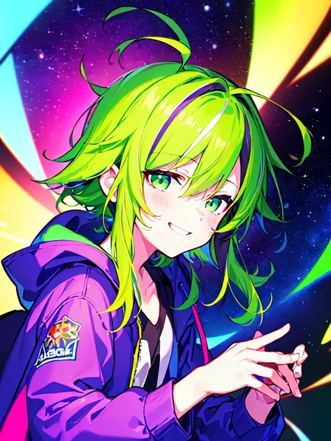 [(GALAXY BACKGROUND:1.5),::5], ((((masterpiece)))), high quality, ultra very high resolution, full color, (((solo))), ((little boy)), Purple hair, ((Green streaked hair)), (Green eyes), anime, ((upper body)), neon light, black parka, smile