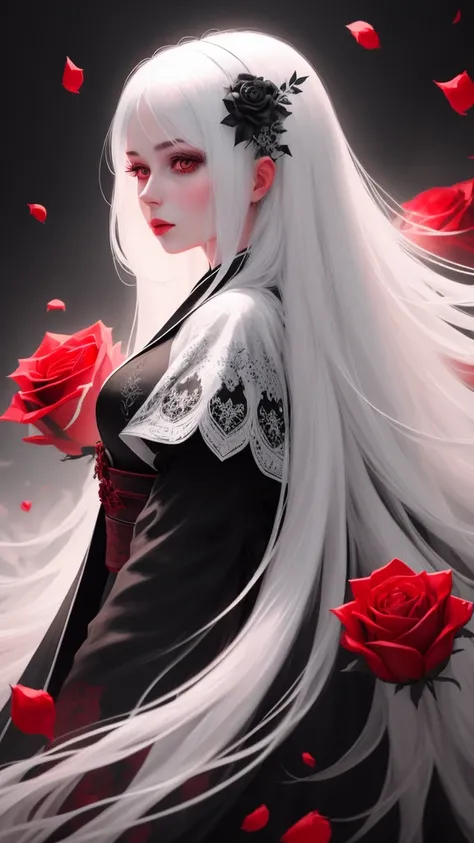 Hand drawn illustrations，Texture Noise，A woman，White long hair，Wearing a black robe with dark patterns，The body is supported by red roses，Strong contrast，Black and White