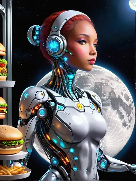 best quality，8k，high resolution，masterpiece，ultra detailed，lifelike，photorealism，future world，(fast food restaurant cyborg femal...