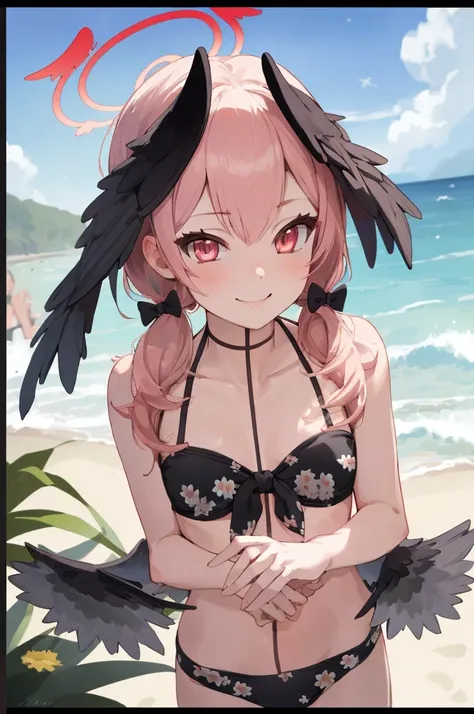 kohass, bikini, low twintails, low wings, head wings, halo, cowboy shot, beach,nature,flowers,
(best quality, masterpiece, RAW photo,ultra-detailed:1.2), 1girl,solo,looking at viewer,smile